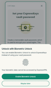 The "Unblock with Biometric Unlock" prompt in the ExpressKeys browser extension.