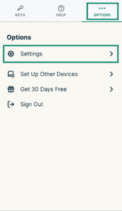 The "Options" menu in the ExpressKeys extension, with a highlighted "Settings" option.