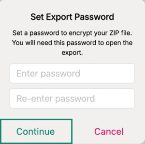 The "Set Export Password" pop-up in the ExpressKeys app for macOS, with a highlighted "Continue" button.