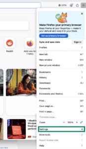 Firefox menu shown in Mac UI, with settings higlighted