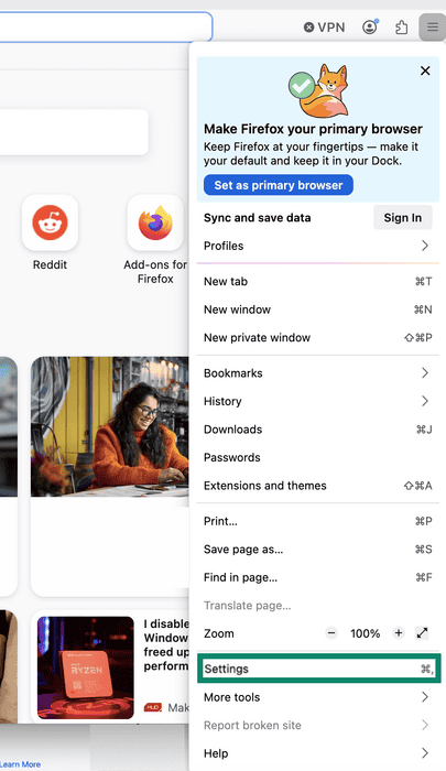 Firefox menu shown in Mac UI, with settings higlighted