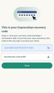 The "This is your ExpressKeys recovery code" page in the ExpressKeys extension.