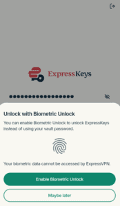 The "Unblock with Biometric Unlock" prompt in the ExpressKeys browser extension.