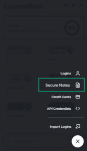 ExpressKeys category selection menu with an open dropdown list, with the "Secure Notes" option highlighted in a green box.