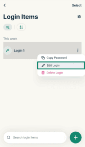 ExpressKeys Login Items action menu, with the "Edit Login" option highlighted in a green box.