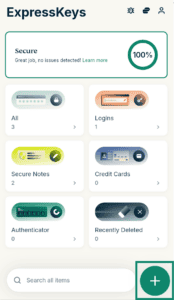 ExpressKeys dashboard, with the add new item plus button highlighted in a green box.