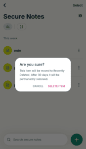 ExpressKeys "Secure Notes" list view with a confirmation dialog open, with the "Delete Item" button highlighted.