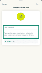 ExpressKeys "Add New Secure Note" form, with the title and note input fields highlighted in a green box.