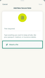 ExpressKeys "Add New Secure Note" form, with the "Attach a file" option highlighted in a green box.