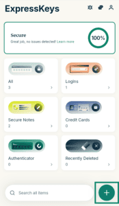 ExpressKeys dashboard, with the add new item plus button highlighted in a green box.