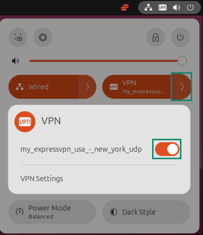 VPN toggle highlighted in the Ubuntu network settings.