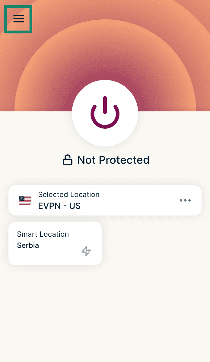 ExpressVPN browser extension home screen with the three-line menu highlighted.