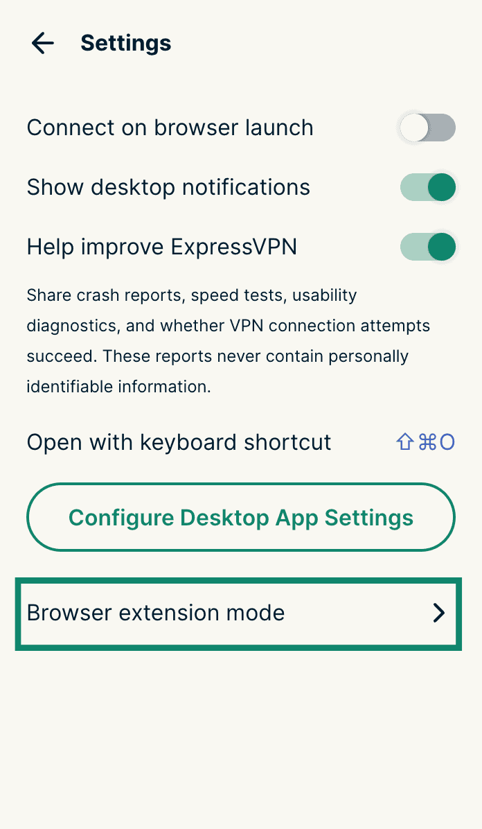 ExpressVPN browser extension Settings screen with Browser extension mode highlighted.