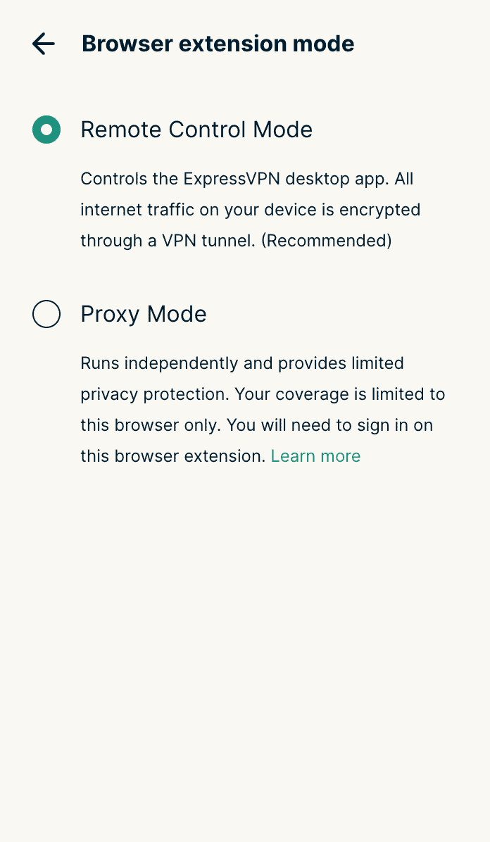 ExpressVPN Browser extension mode settings with Remote Control Mode selected and Proxy Mode available.