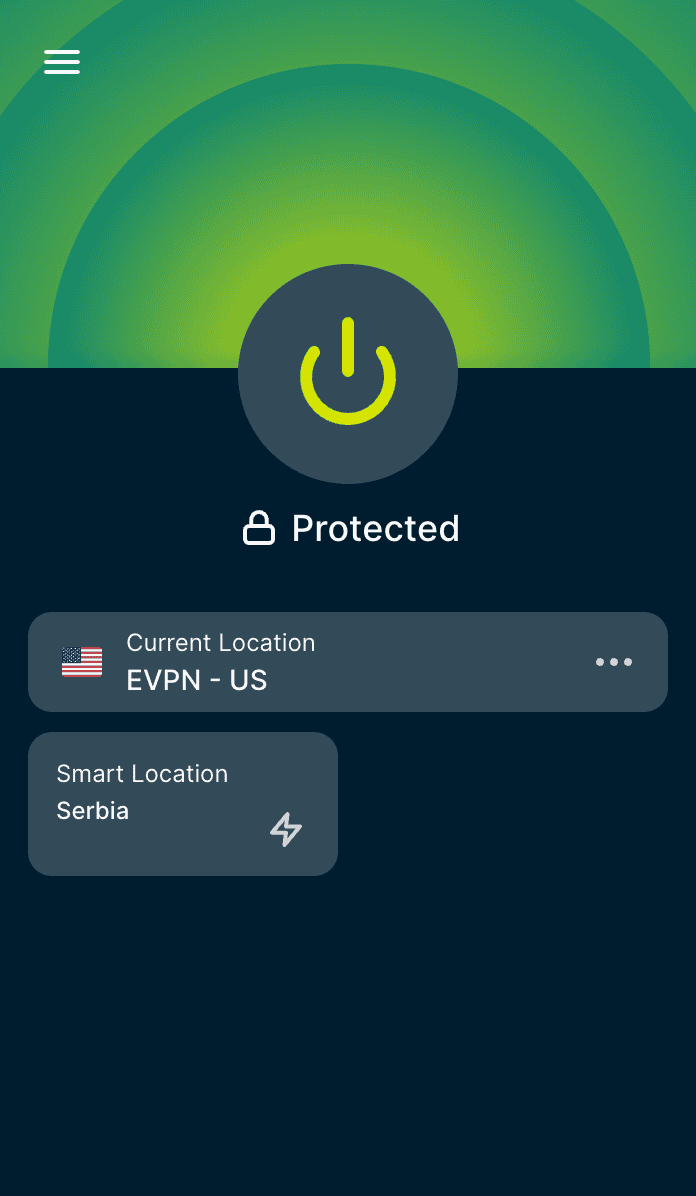 ExpressVPN browser extension home screen in Dark Mode showing a protected VPN connection.