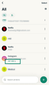 The "All" tab in ExpressKeys, with a highlighted 2FA code for one login item.