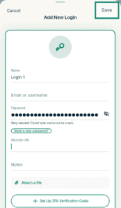 ExpressKeys "Add New Login" form page filled with data, with the "Save" button highlighted in a green box.