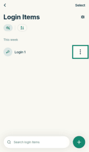 ExpressKeys Login Items list page, with the three-dot options menu icon for Login 1 highlighted in a green box.