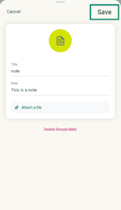 ExpressKeys "Edit Secure Note" form with populated fields, with the "Save" button highlighted in a green box.