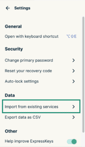 ExpressKeys extension settings, with a highlighted "Import from existing services" option.