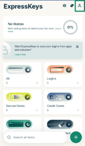 The ExpressKeys browser extension, with a highlighted Profile icon.