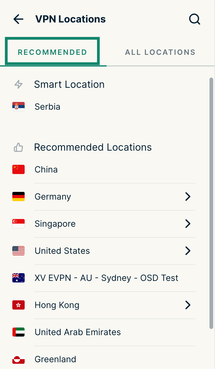 ExpressVPN browser extension VPN Locations screen with the Recommended tab selected and available locations listed.