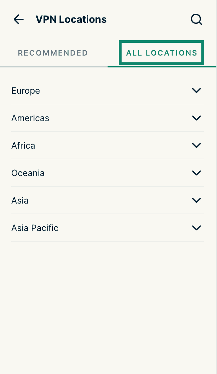 ExpressVPN browser extension VPN Locations screen with the All Locations tab selected and regions listed.