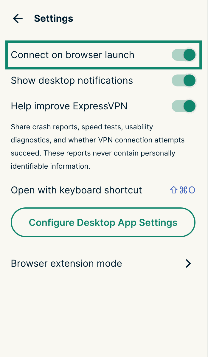ExpressVPN browser extension Settings screen with Connect on browser launch highlighted and enabled.