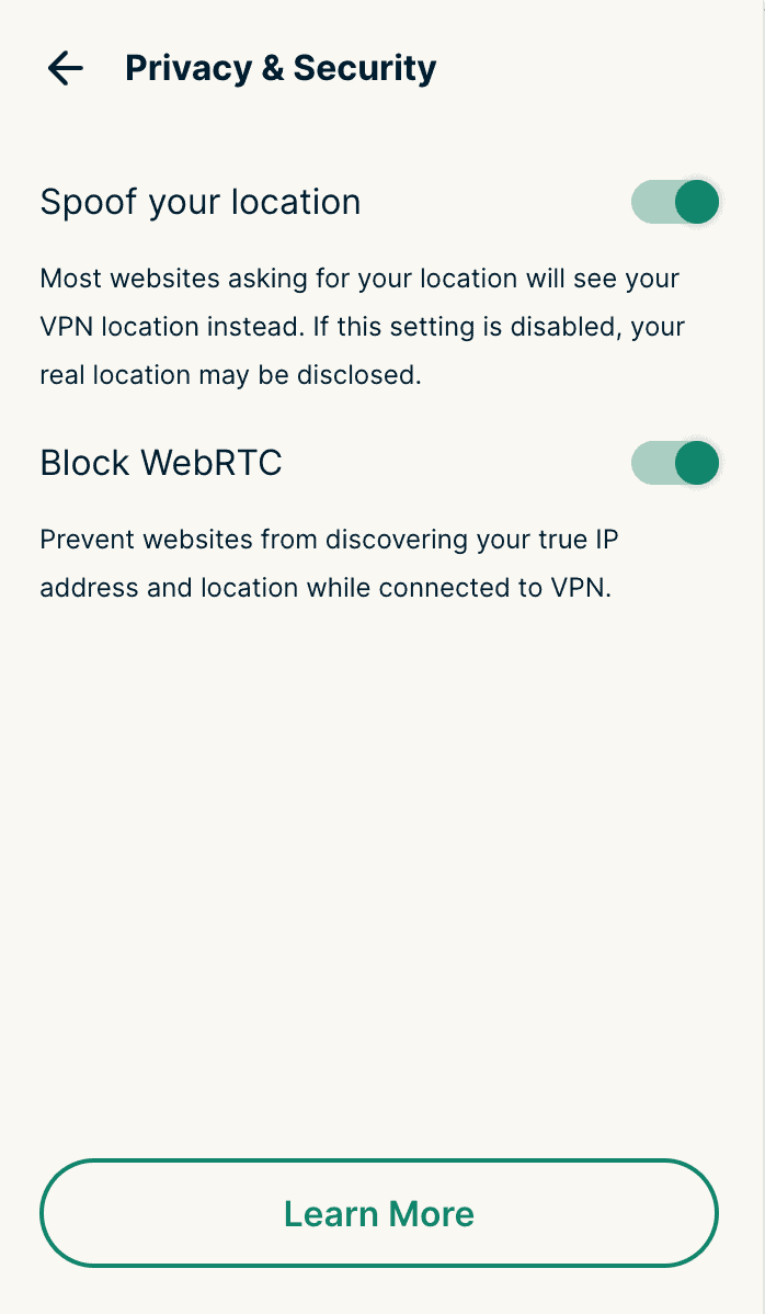 ExpressVPN browser extension Privacy and Security settings with Spoof your location and Block WebRTC enabled.