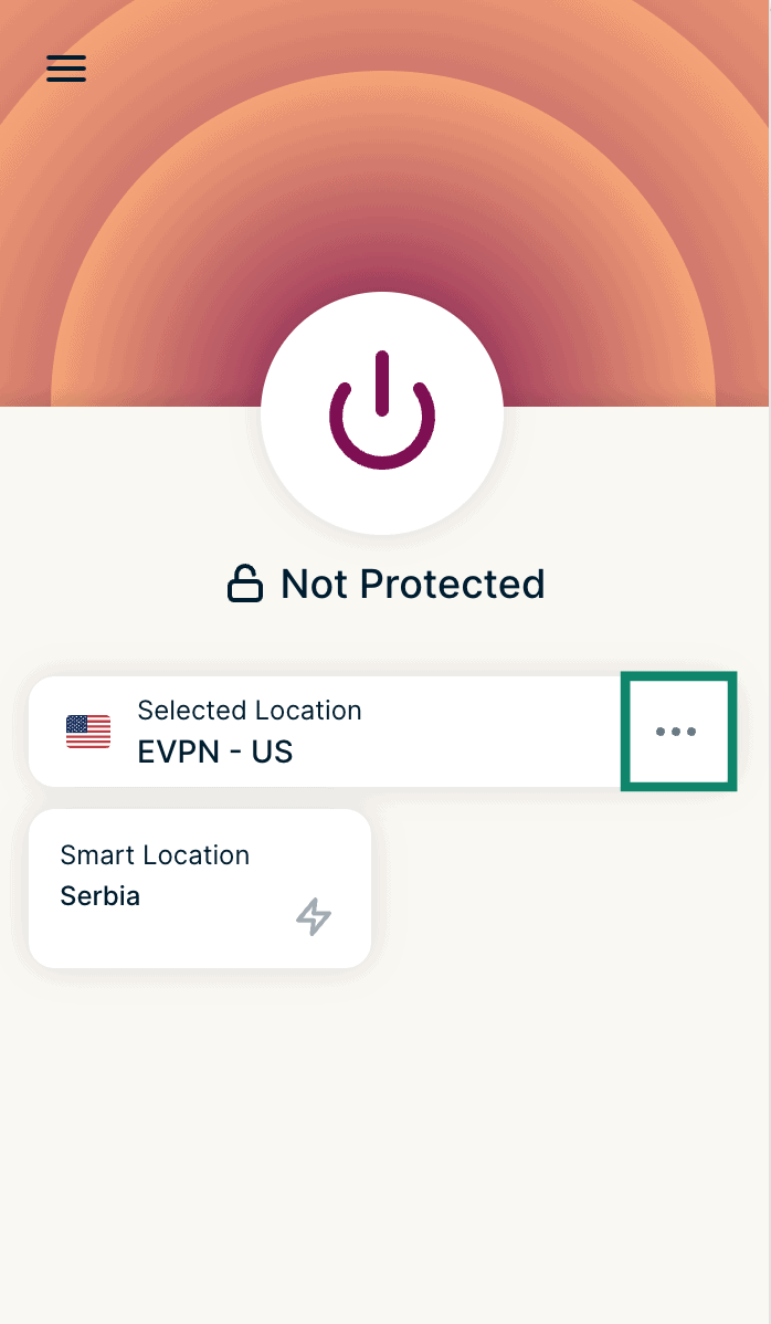ExpressVPN browser extension home screen with the three-dot menu next to the selected VPN location highlighted.