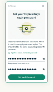 ExpressKeys Chrome browser extension, showing the screen for creating a vault password.