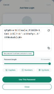ExpressKeys strong password generator overlay, with the "Very secure!" security rating text highlighted in a green box.
