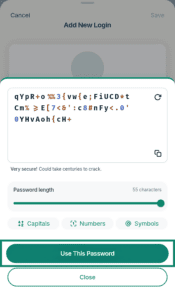 ExpressKeys strong password generator overlay, with the "Use This Password" action button highlighted in a green box.