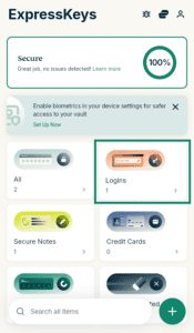 ExpressKeys browser dashboard showing a 100% secure status, with the "Logins" category card highlighted in a green box.