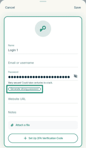 ExpressKeys edit login details form, with the "Generate strong password" button highlighted in a green box.