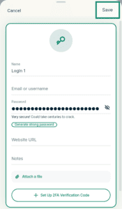 ExpressKeys edit login details form, with the "Save" button highlighted in a green box.