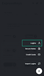 ExpressKeys category selection menu, with the "Logins" option highlighted in a green box.