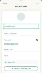 ExpressKeys "Add New Login" form page, with the "Name (required)" input field highlighted in a green box.