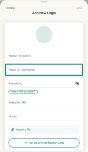 ExpressKeys "Add New Login" form page, with the "Email or username" input field highlighted in a green box.