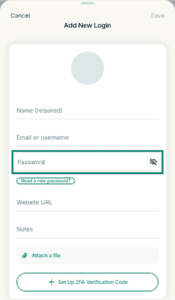ExpressKeys "Add New Login" form page, with the "Password" input field highlighted in a green box.