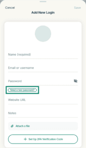 ExpressKeys "Add New Login" form page, with the "Need a new password?" button highlighted in a green box.