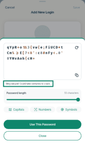 ExpressKeys strong password generator overlay, with the "Very secure!" security rating text highlighted in a green box.