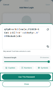 ExpressKeys strong password generator overlay, with the "Use This Password" action button highlighted in a green box.