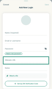 ExpressKeys "Add New Login" form page, with the "Website URL" input field highlighted in a green box.