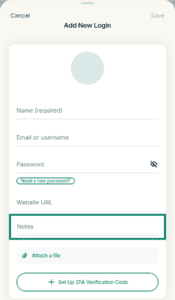 ExpressKeys "Add New Login" form page, with the "Notes" input field highlighted in a green box.