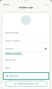 ExpressKeys "Add New Login" form page, with the "Attach a file" input field highlighted in a green box.