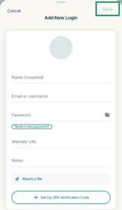 ExpressKeys "Add New Login" form page, with the "Save" button highlighted in a green box.