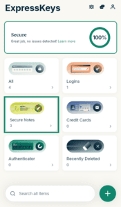 ExpressKeys dashboard, with the "Secure Notes" category card highlighted in a green box.