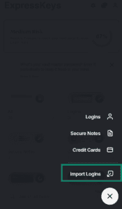The "Import Logins" option in ExpressKeys highlighted.