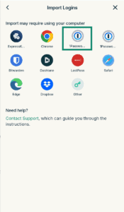 The "Import Logins" screen in ExpressKeys, with a highlighted 1Password icon.